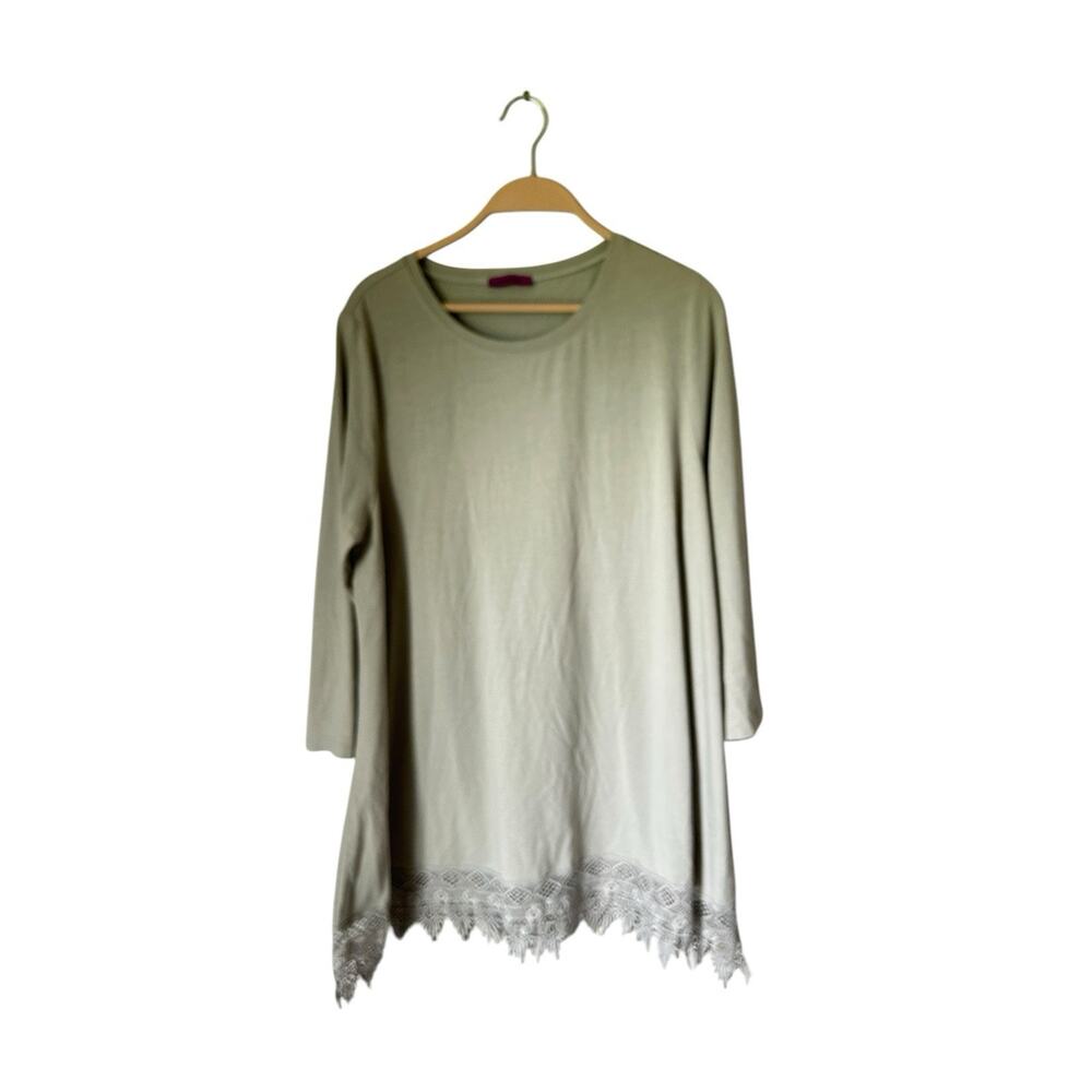 Mountain Mamas‎ Gray Tunic 3/4 Sleeves With Crochet Hem XXL Fall Shirt